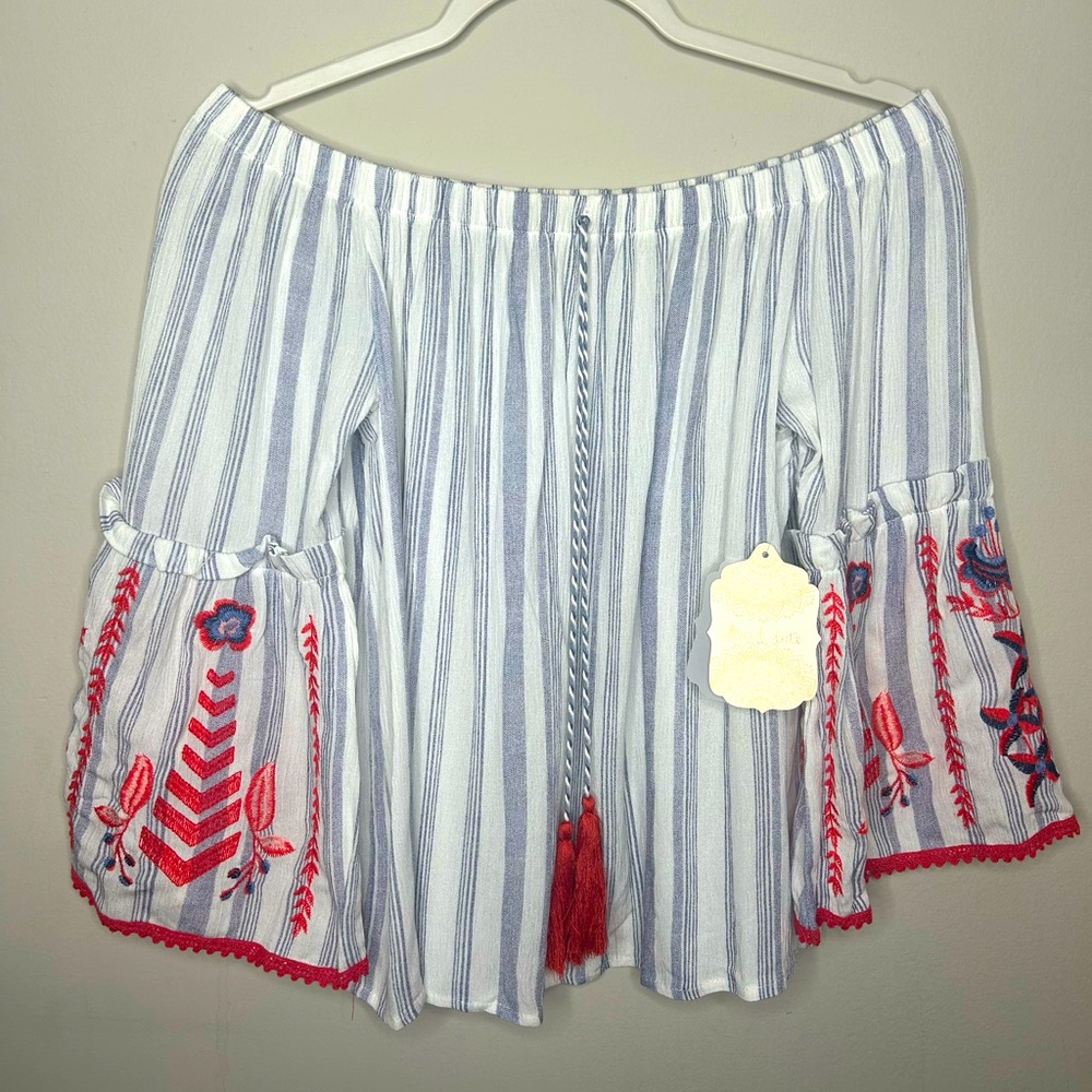 NWT Altar'd State Embroidered Tassel Boho Off The Shoulder Flowy Bell Sleeve S